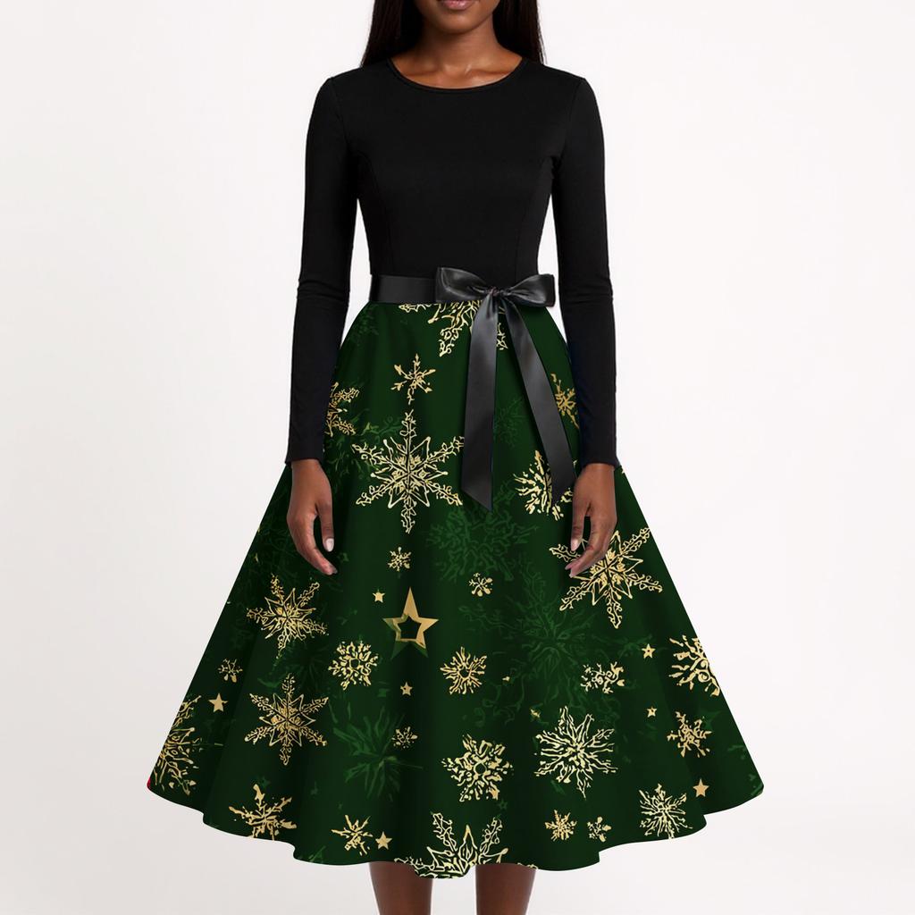 Women's Fashion Casual Round Neck Christmas Print Long Sleeve Dress