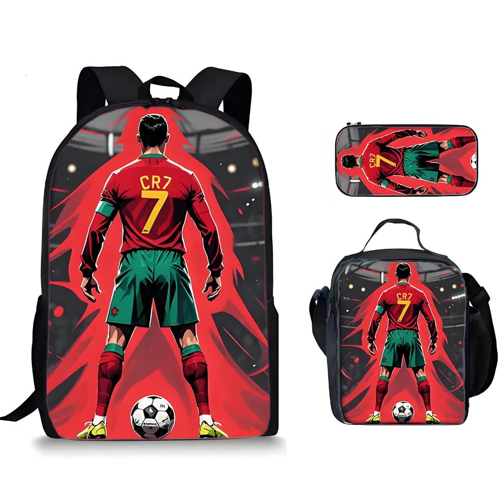 Cristiano Ronaldo Sport Backpack 3-Piece Set with Lunch Bag and Pencil Case, Middle School Student Casual Lightweight Bookbag
