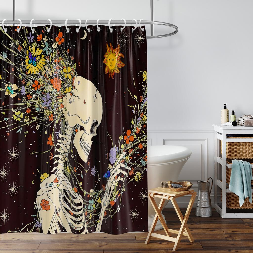 1pc Halloween Skull Print Waterproof Shower Partition Privacy Hanging Curtain with 12 Hooks Multiple Sizes Machine Washable