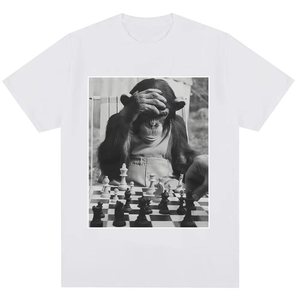 Funny Chimp Playing Chess Meme Graphic Tshirts Unisex Women Vintage Humor Tshirts Oversized Cozy Cotton Casual T Shirt Streetwear