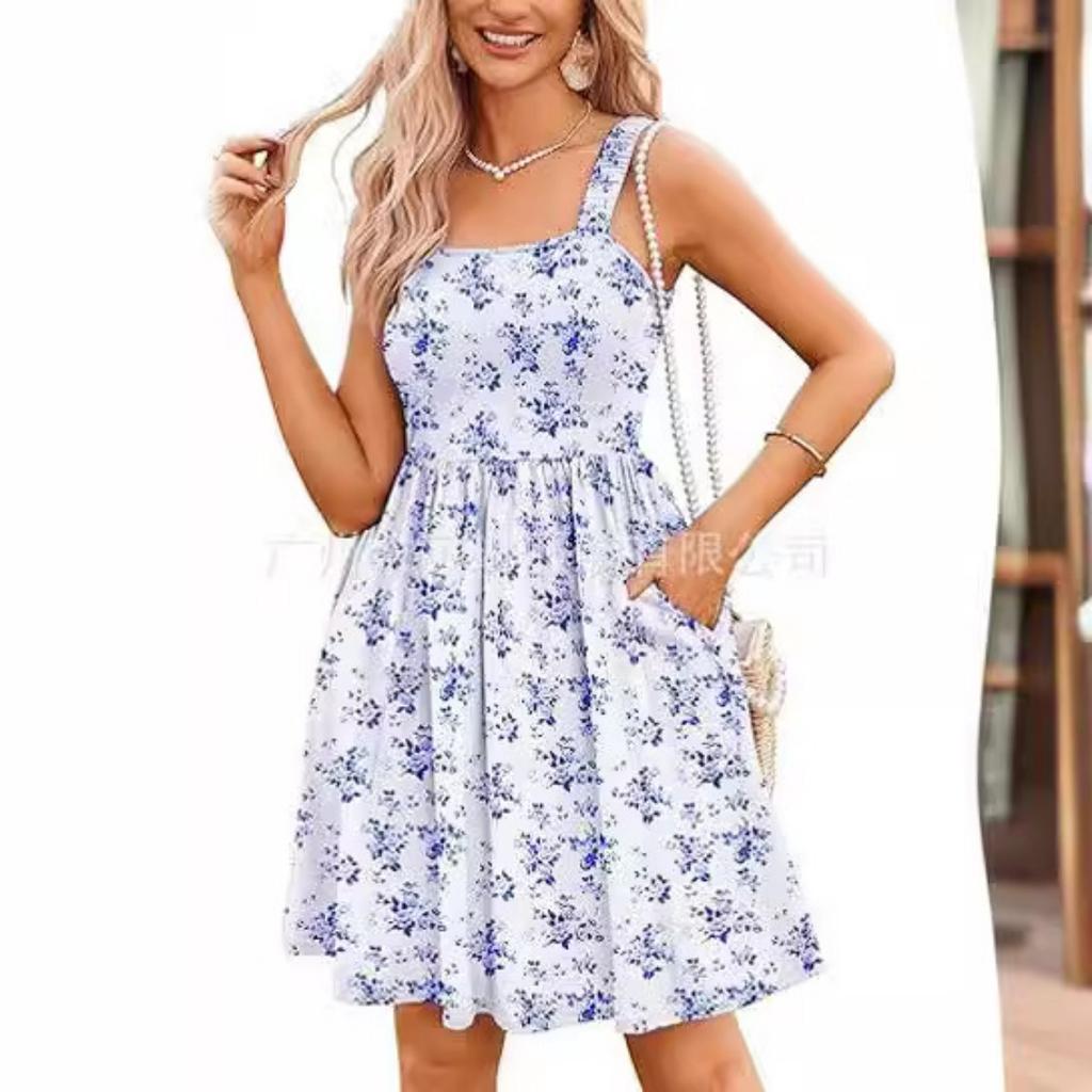 Women's Square Neck Sleeveless Floral Printed A Line Dress Mid Waist Sweet Style Summer Casual Sundress