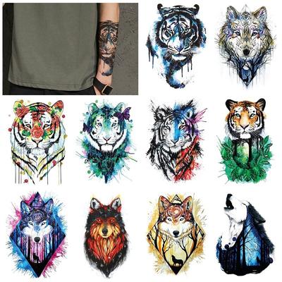 3D Färg Tiger Varg Halvarm Stort Mönster Set Vattenöverföring Simulerings Tatuering Klistermärke