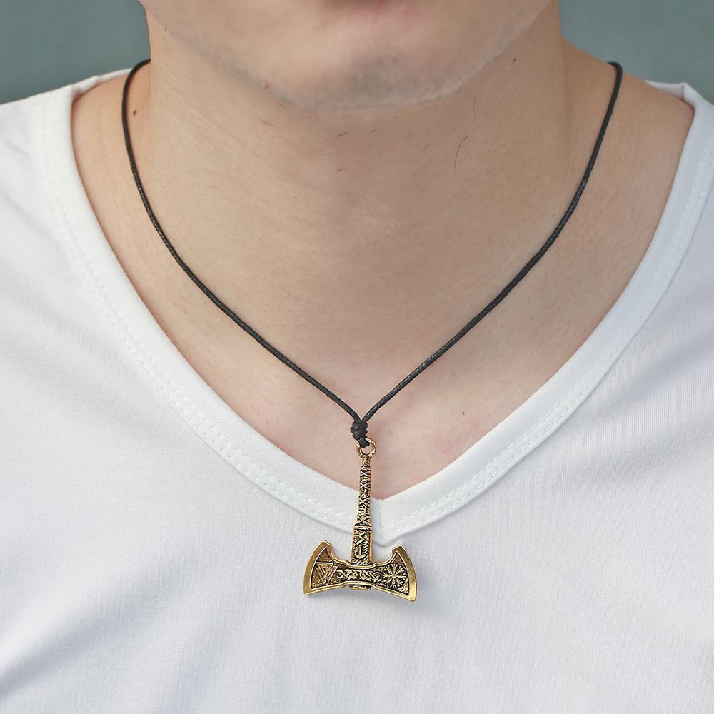Viking Axe Necklace for Men Norse Runes Compass Pendant Vintage Amulet Jewelry Male Boy Gifts