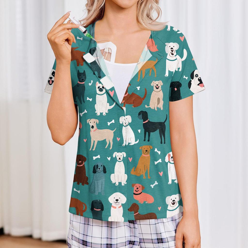 Damen Shirt nach der Operation Kurzarm Vier Taschen Leicht Bequem Knopfleiste Vorne Shirt für Medizinische Genesung und Tägliches Tragen