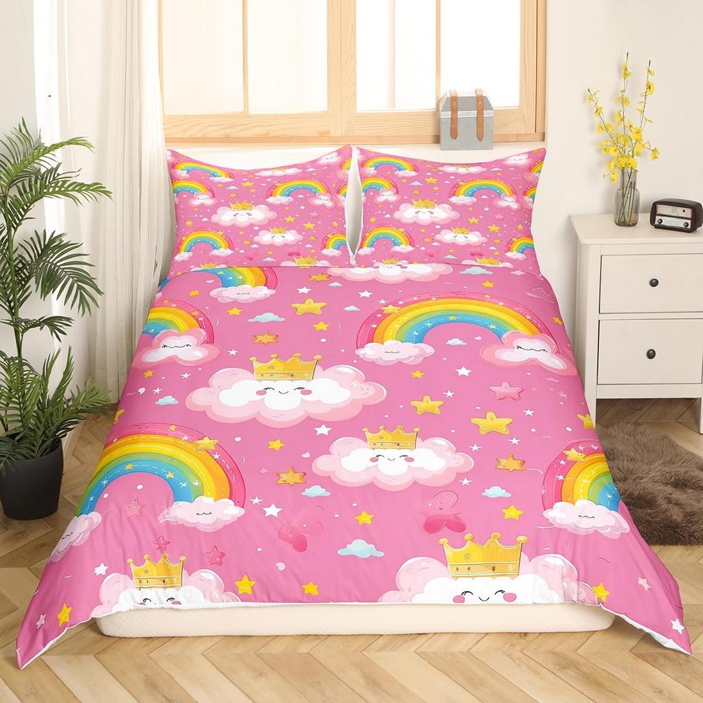 Capa de edredom arco-íris feminino rosa desenho animado conjunto de cama crianças meninas nuvens fofas coroa edredom capa kawaii glitter estrelas colcha capa