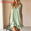 Casual Sleeveless V Neck Dress With Ruffle Hem For Summer Comfort