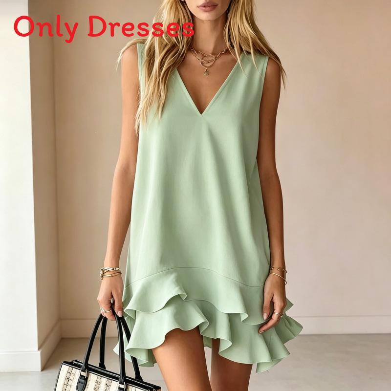 Casual Sleeveless V Neck Dress With Ruffle Hem For Summer Comfort