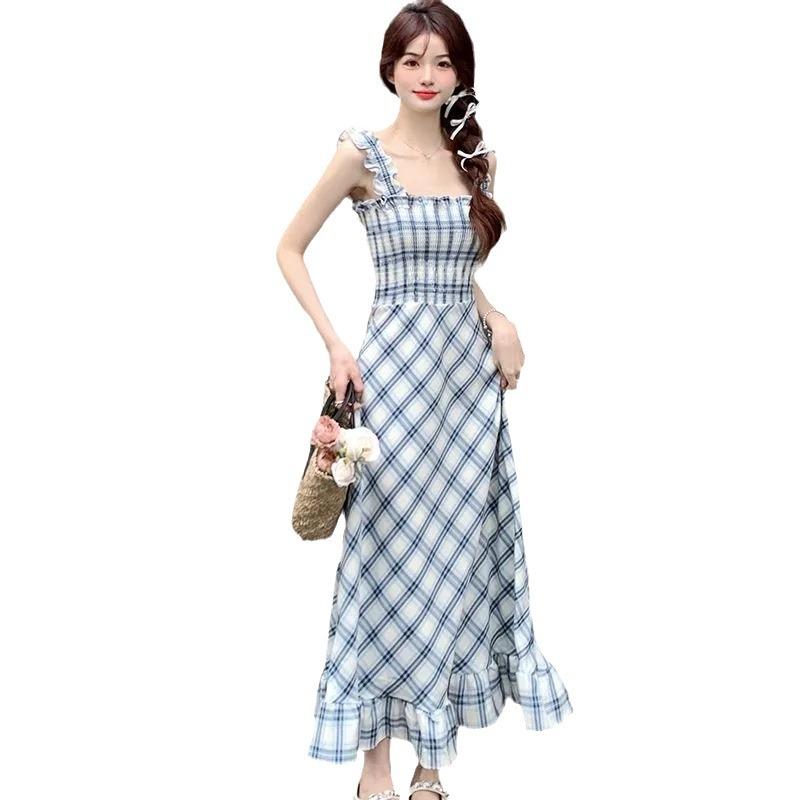 French Sweet and Gentle Style Plaid Suspender Dress Women's Summer New Retro Sleeveless Waist Coffee Break Medium and Long Dress