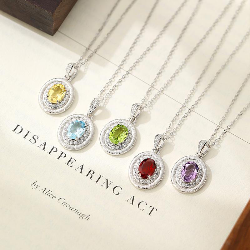 S925 Sterling Silver Clavicle Chain Oval Natural Crystal Pendant Luxury Wire Drawing Craft Minimalist Light Luxury Necklace For Women Daily Jewelry
