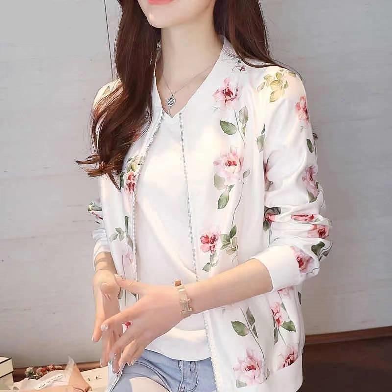 Women's Korean-Style Chiffon Sun Protection Jacket, Long Sleeve, Zipper, Printed, Loose Fit, Short Length