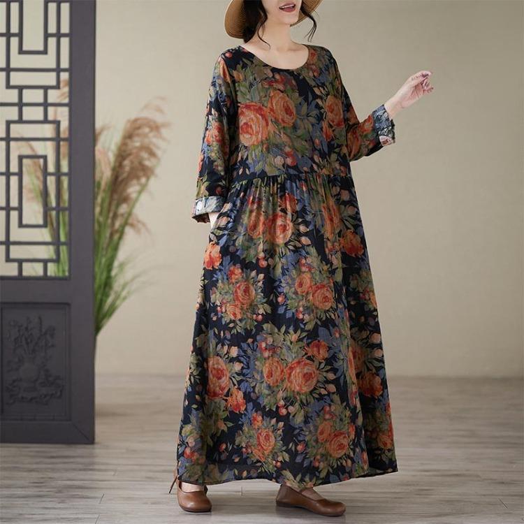 Floral Print Vintage Maxi Dress for Women Plus Size Spring Summer Loose Long Dress