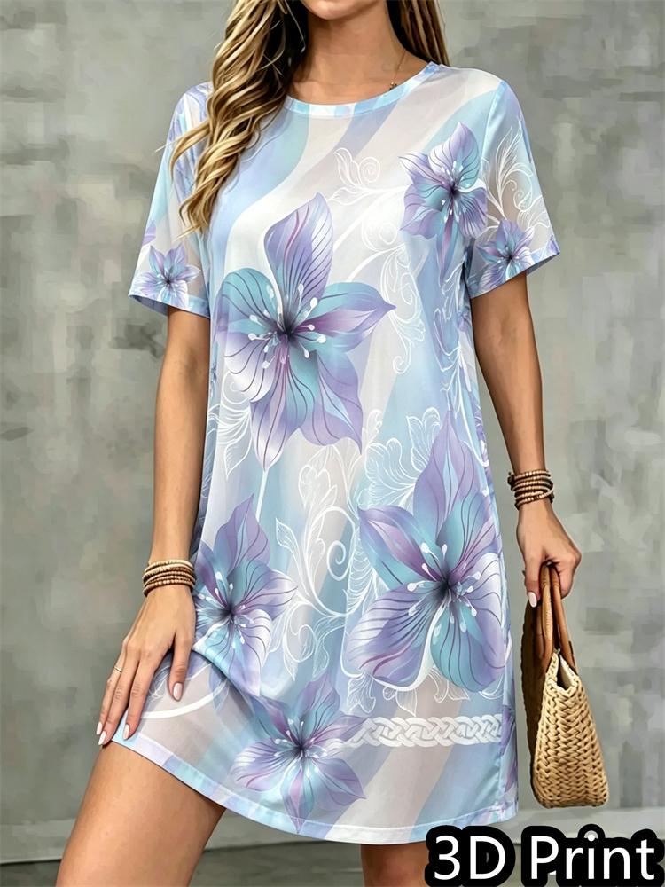 Fashion 3D Floral Print Summer Dress Loose Casual Short Sleeve O-Neck Mini Dress