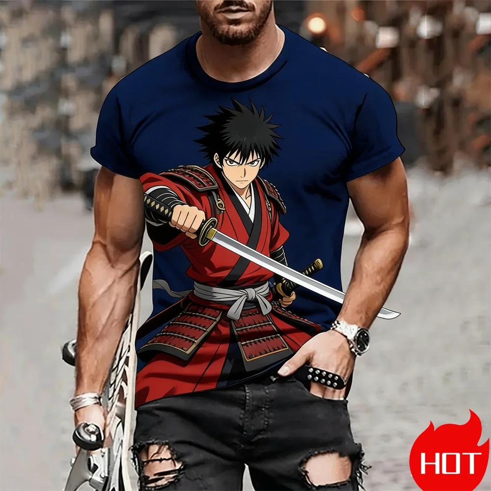Anime Printed Men's T-shirt 3D Cool Samurai Pattern Short Sleeve Tops Daily Leisure Fashion Breathable Round Neck Pullover Tops