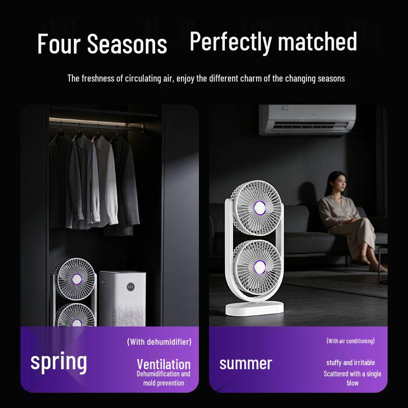 Dual-Head USB Fan with Night Light, Five Speeds & Oscillation for Outdoor Camping