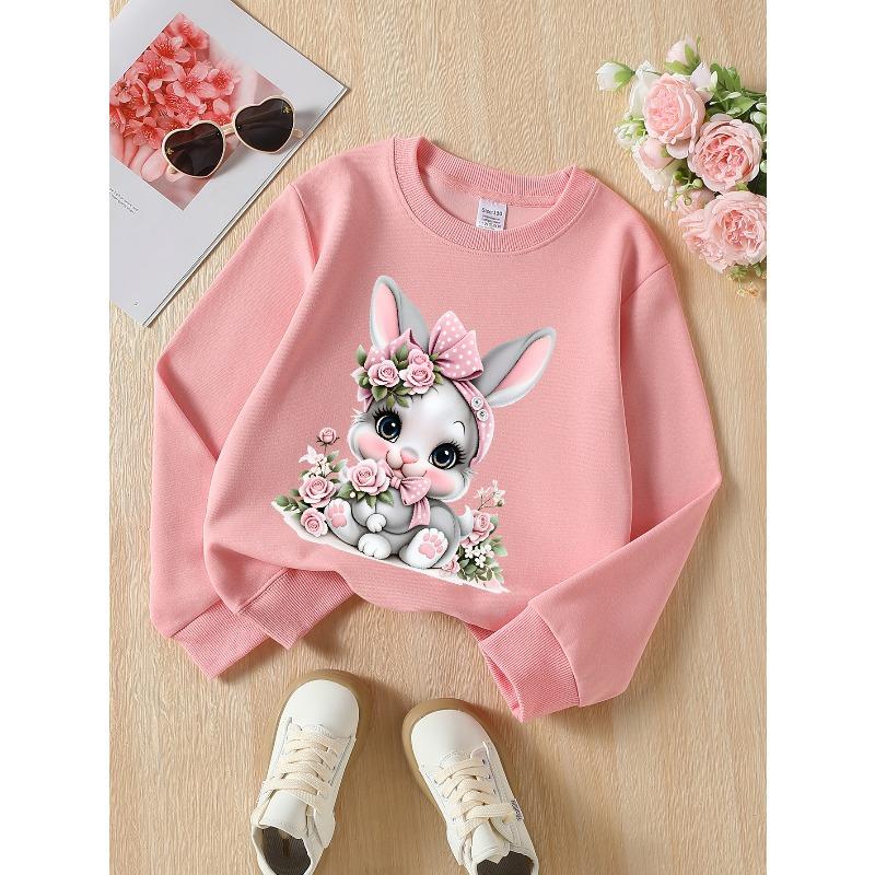 Girls Crew Neck SweatshirtCute Bunny with Pink Roses And Bow, Soft Cozy Pullover, Warm Casual Outfit for Autumn & Winter