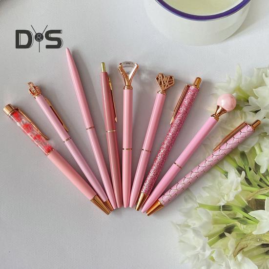 9Pcs Ballpoint Pen Set Metal Faux Crystal Pen Bling Dynamic Liquid Sand Pen for Journaling Retractable Glitter Black Ink Pen for Office School