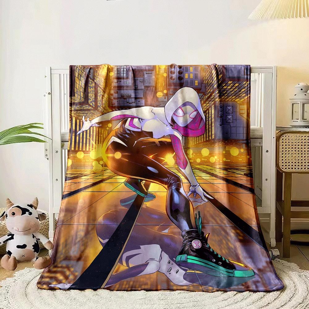 A dynamic character in a crouched pose with a cityscape background. for all seasons blanket lunch break throw gift 80cm x 120cm