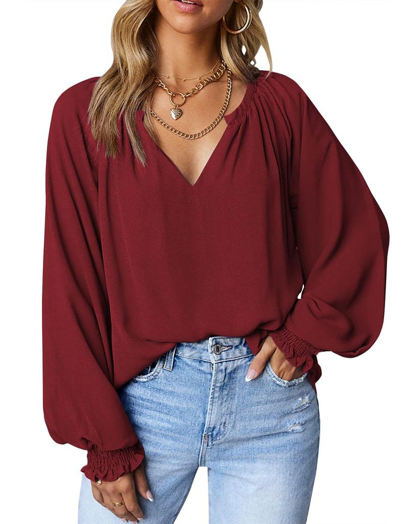 Herbst V-ausschnitt Plissee Blusen Mode Lässig Lose Lange Hülse Frauen Einfache Chiffon Shirts Und Tops Damen Feste Kleidung 28612