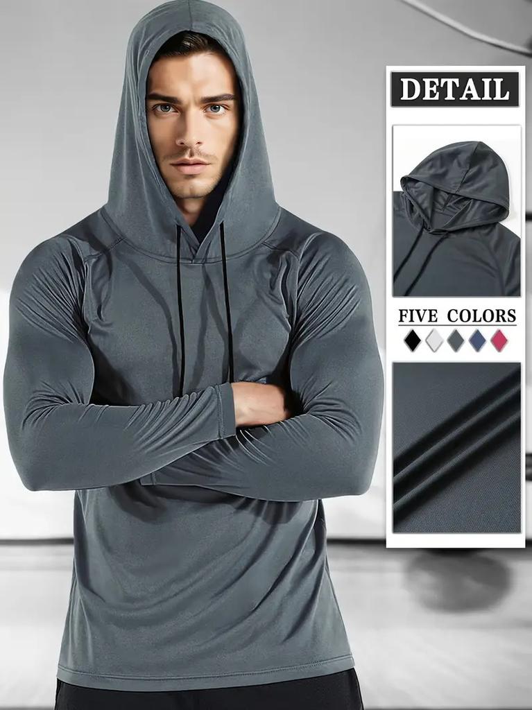 Men's Long Sleeve Hooded Fitness Pullover Moisture Wicking Quick Dry Athletic Gym Training Top, Gray