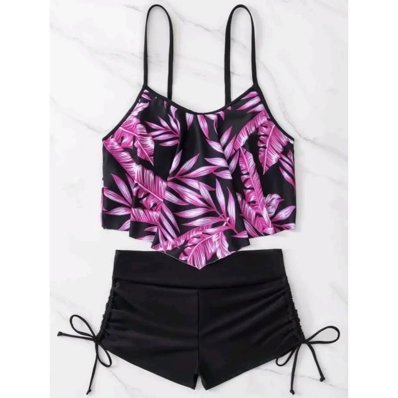 

2026 New Sexy Swimwear High Waist Two Piece Bikini Leaf Print Swimsuit Tight Sling Beachwear Summer Women s Seaside Bathing Suit XL фіолетовий