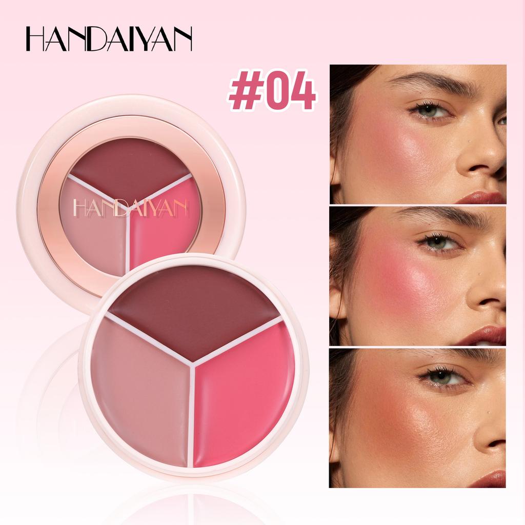 HANDAIYAN Tri-Color Blurring Blush Palette Matte Cream Blush Mud Natural Soft-Focus Long-Lasting Waterproof Face Makeup Cosmetics