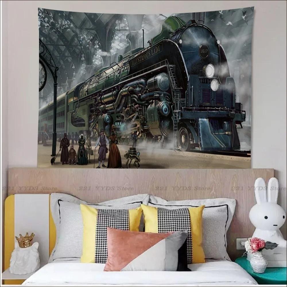 Office Living Room Tapestry Retro Steam Train Punk Style Hanging Cloth Home Wall Decoration Tapestry