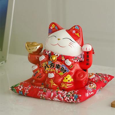 Gato de la Fortuna de 7 Pulgadas con Brazo que Mueve Cerámica Maneki Neko Adorno Feng Shui Gato de la Suerte para Tiendas, Restaurantes