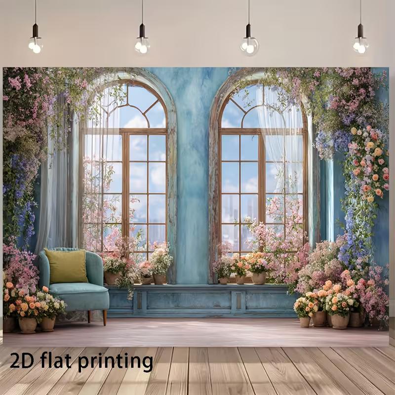 

2D French Floral Room Photography Backdrop, Blue Wall Arched Window with Blooming Flowers Background Cloth 47.2x31.5inch/120*80cm