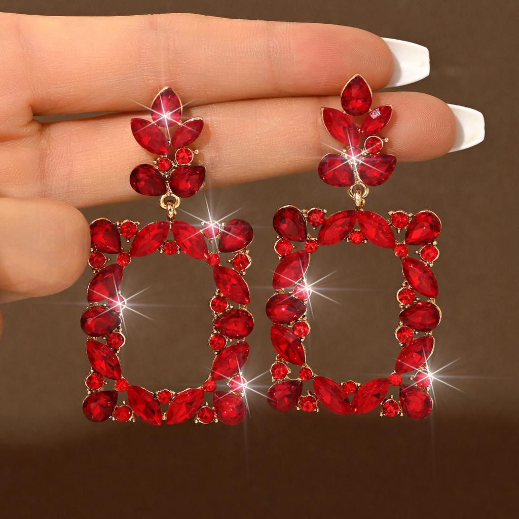 Square Big Red Festive Earrings Wedding High-End Sense Rhinestone Earrings Pendant Temperament Women'S Earrings