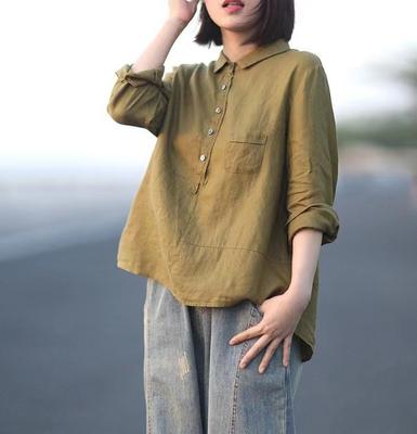 Early Autumn Casual Loose Solid Color Linen Shirt Women's Lapel Long-sleeved Cotton and Linen Women's Clothing