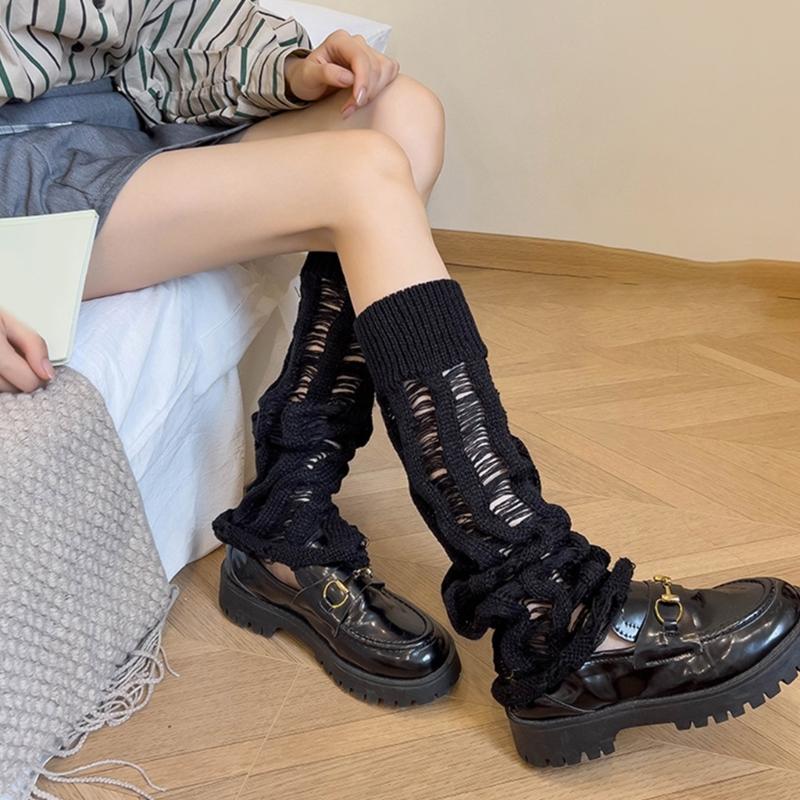 Subcultures Fall Knitted Flared Leg Warmers Harajuku Ripped Hole Solid Color Foot Covers Calf Length Socks for Women