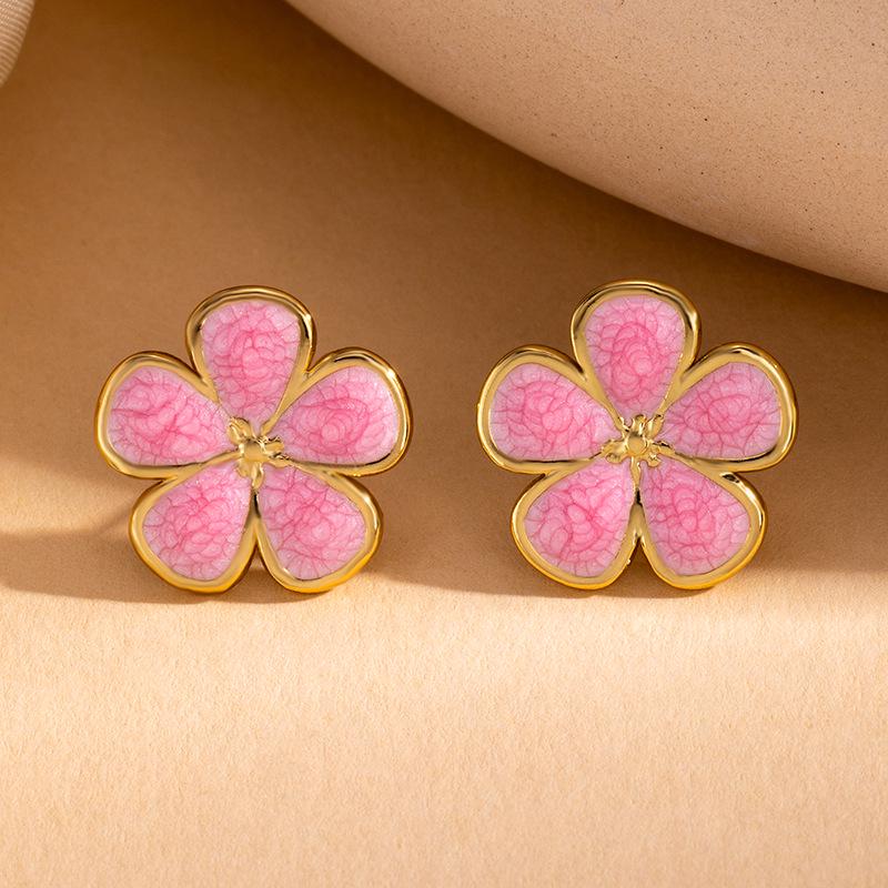 Hot Selling Enamel Drip Flower Stainless Steel Stud Earrings for Women - Holiday Style Titanium Steel Jewelry