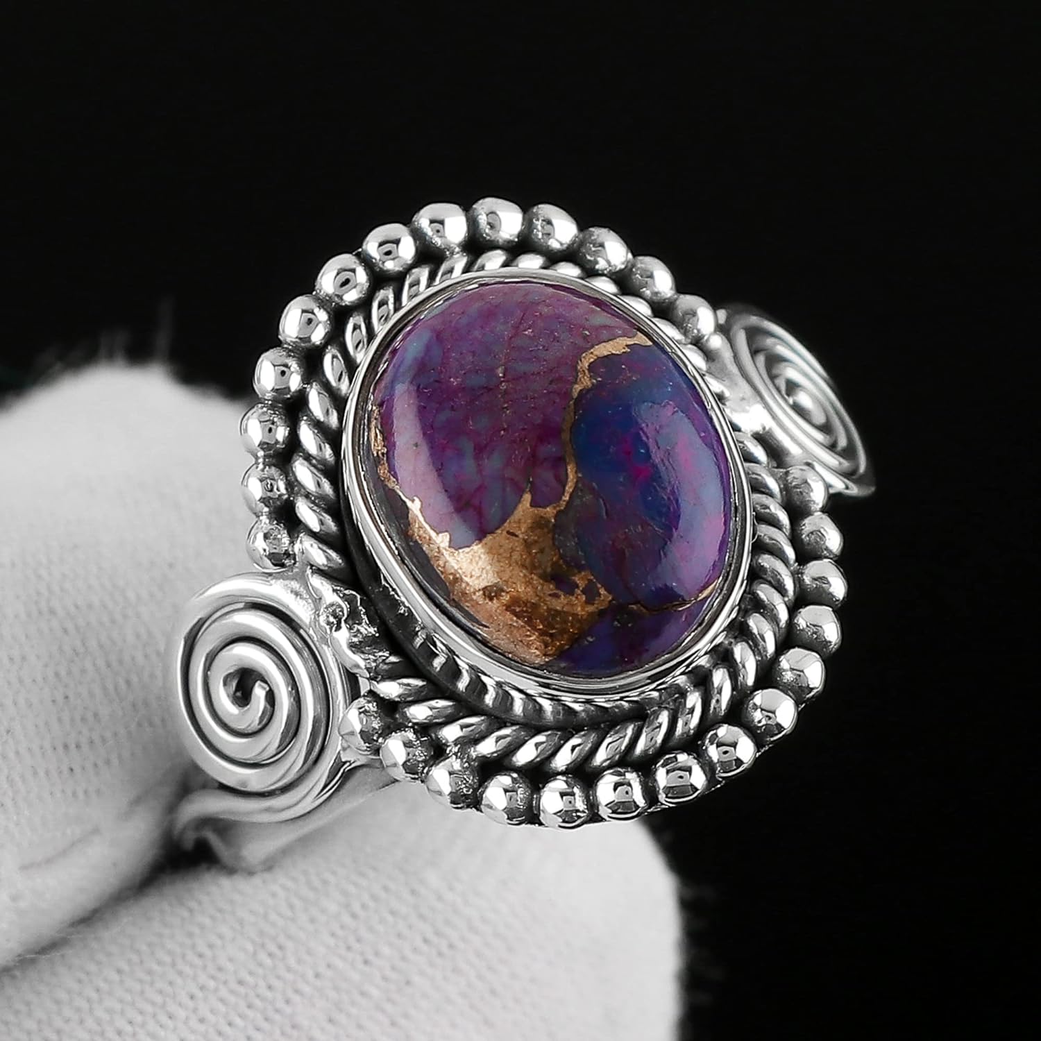 

Кольцо ручной работы из чистого серебра 925 пробы с фиолетовым медно-бирюзовым драгоценным камнем, рождественские украшения, кольца для женщин 10
