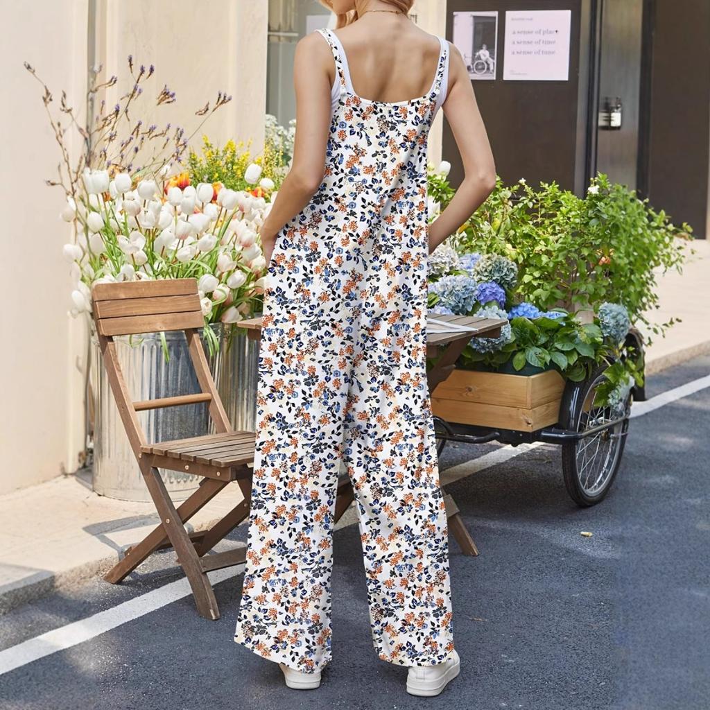 Damen Spaghetti-Träger Ärmellos Floral Jumpsuit Locker Hohe Taille Freizeit Weites Bein Overalls