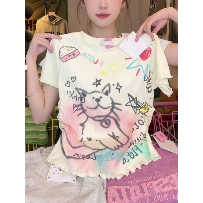 Sweet and Spicy Cartoon Cat Printing Shoulder Short-Sleeved T-shirt Female Summer Wooden Ear Silm Ruched Waist-Controlled Top Tide