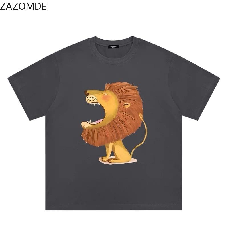 ZAZOMDE Funny Sleepy Yawning Lion Print TShirt Unisex Quirky Cartoon Graphic Cotton Short Sleeve Oversized Casual Personality T