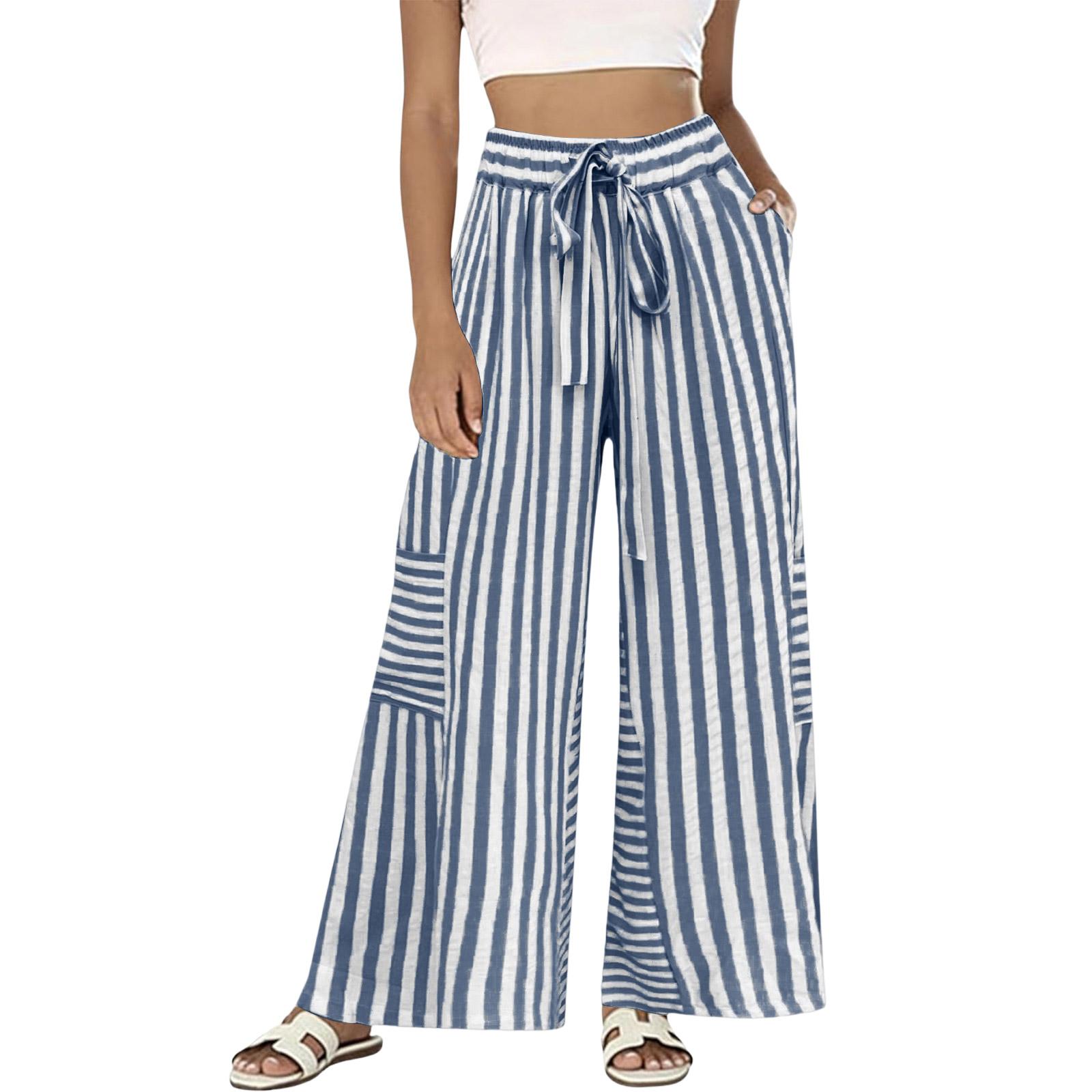 Women s Striped Loose Casual Comfortable High Waist Wide Leg Straight Drawstring Pocket Casual Pants L