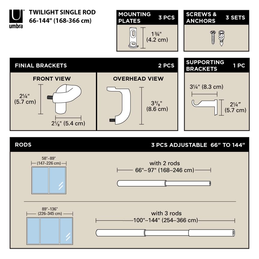 Official Umbra Twilight Curtain Black Rod, 167-365cm,