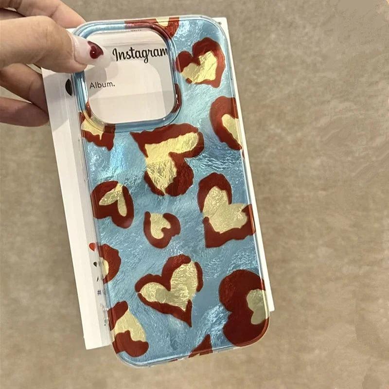 Blue Brown Heart-shaped Leopard Pattern Phone Case for IPhone 11 12 13 14 15 16 Pro Max X XR 7 8 Plus Soft Edge Shockproof Cover