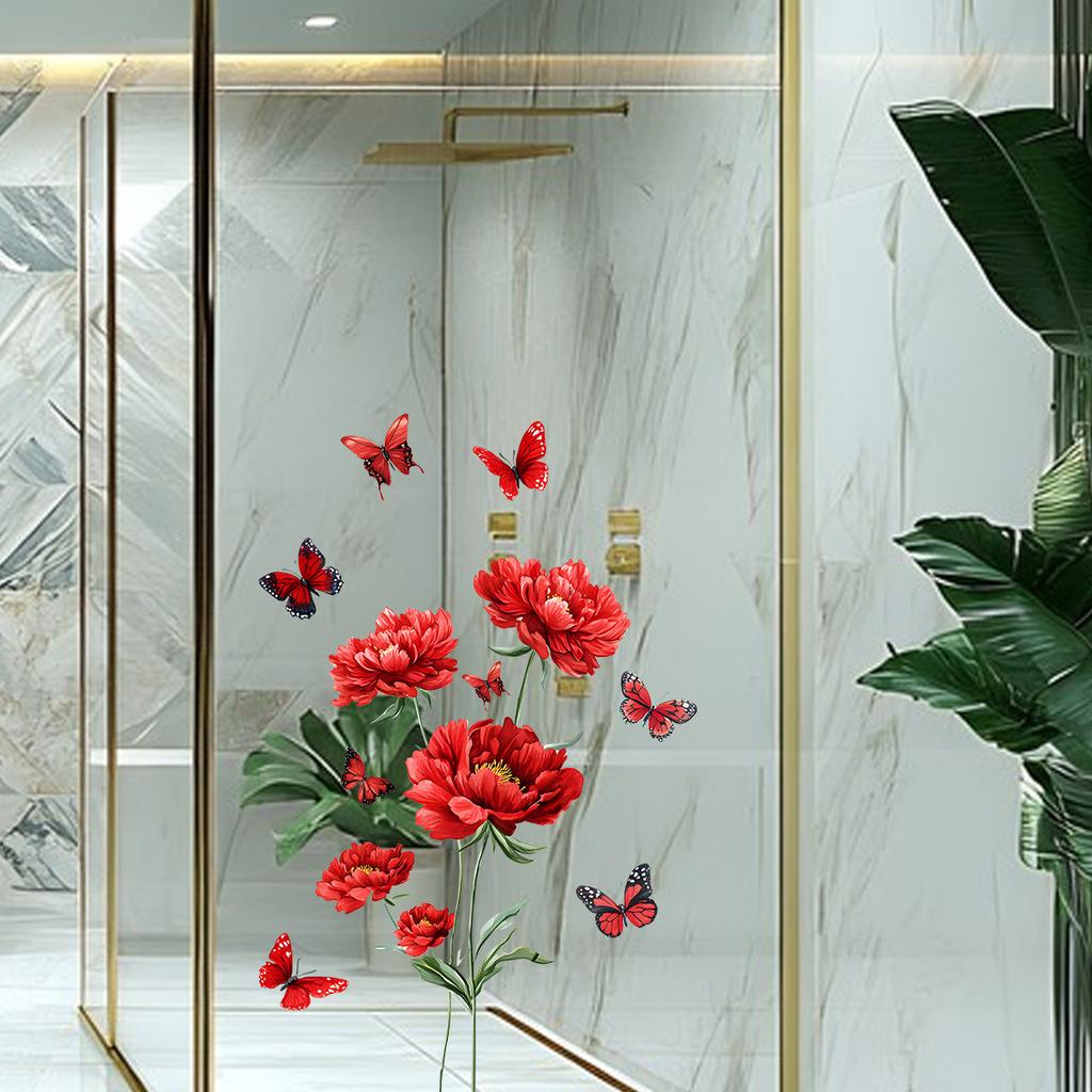 Creative Red Flower Butterfly Sticker Self-Adhesive Wall Decal for Living Room Bedroom Entrance Home Decoration