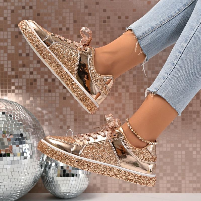 Women's Flat Sequined Shallow-Mouth Lace-Up Casual Board Shoes, Unisex Style.