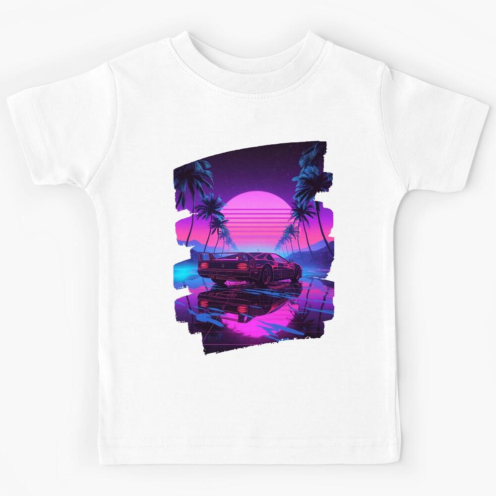 80s retro-futuristic landscape with palm trees and a sports car neon colors 2 Kids T-Shirt 100