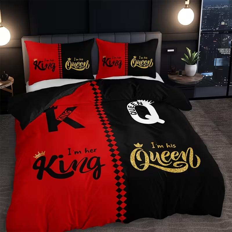 

Queen & King 3pcs Couples Spouses Lovers Themes Bedding Set with All Size Featuring Printed English Letters on The Duvet Cover EU Twin(135x200cm)