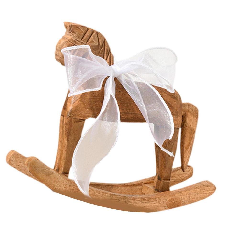 Elegant Wooden Rocking Horse Figurine Ornament with White Ribbon Farmhouses Desktop for Living Room or Nursery Decors