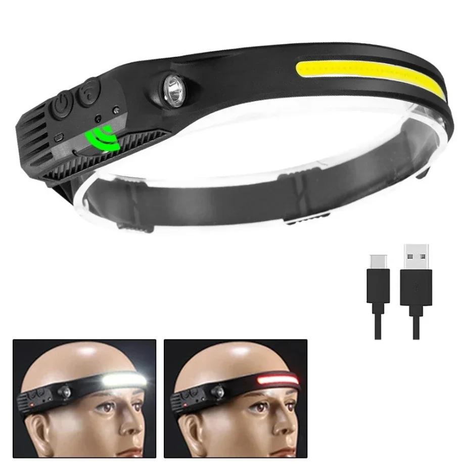 New Induction COB LED Headlamp USB Rechargeable Use 18650 Battery Headliaght Torch 8 Lighting Modes Outdoor Working Lantern
