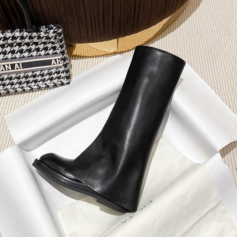 

Cowhide version~ thick-soled trouser boots women s fried street high boots women s Maillard straight but knee knight boots women s tide 40 чёрный