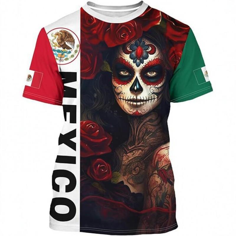 Mens Mexico Flag 3D Printed Short Sleeve T-Shirt Loose Fit Breathable Sport Tee Football Fans