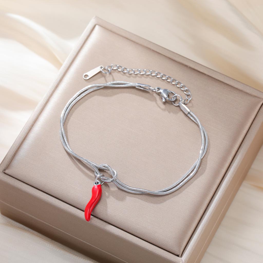 Red Enamel Italian Horn Charm Bracelet Stainless Steel Women's Love Knot Snake Chain Bracelets Good Luck Protection Jewelry Gift