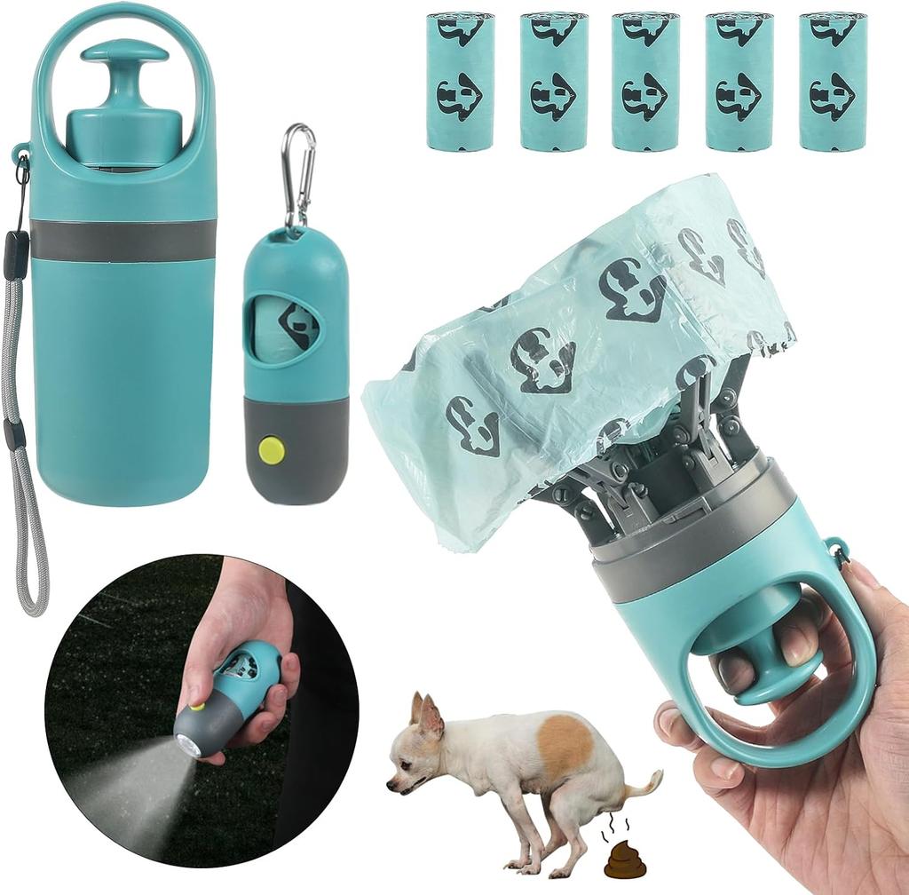 Dog Poop Scooper Set Claw Waste Picker with Leash Clip Poop Bag Dispenser LED Light Portable Hygienic Cleanup Tool for Pet Dogs
