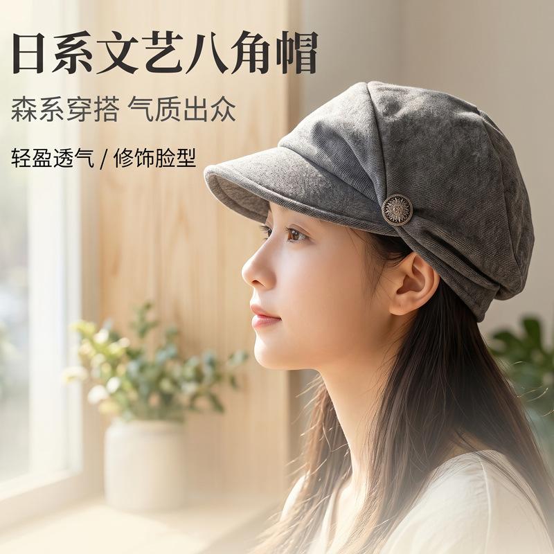 Autumn and winter retro round label hat women's literary and artistic face small octagonal hat casual commuting versatile cap